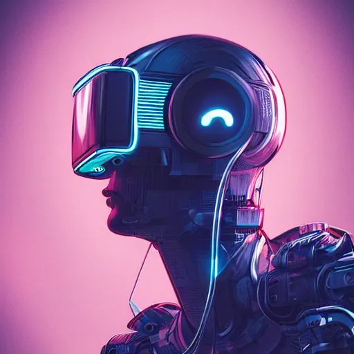 Prompt: retro vintage sci - fi, cyborg robot wearing vr headset, 3 d illutration, profile portrait, night, detailed, cyberpunk style, character, ai, detailed,