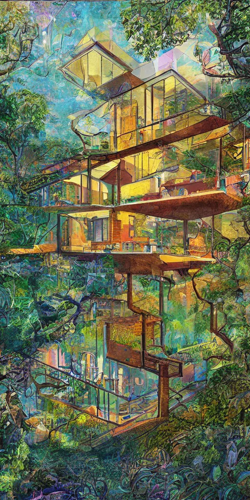 Prompt: mid century utopian house, hyper detailed, surrealist, impressionist painting, digital art