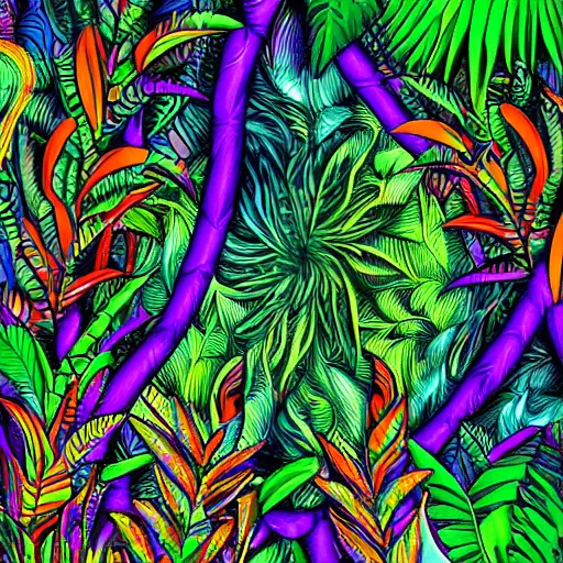 Image similar to psychedelic jungle, 8k, extremly detailed, sharp, colorful