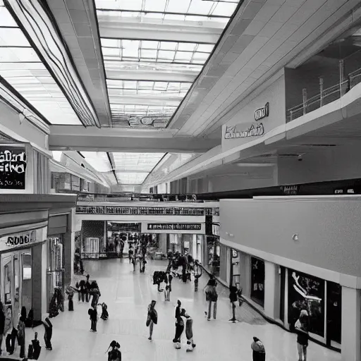 Image similar to springfield mall virginia 1980s, photorealistic, 8k, award winning, black and white