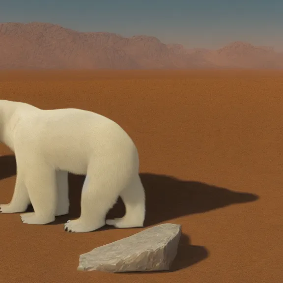 Image similar to polar bear in the desert painting by craig mullins octane rendering soft morning lighting wide angle lens in the style of hayao