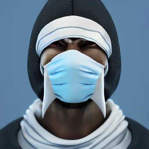 Image similar to a highly detailed, portrait of a man with black hair with a black medical mask, in a hood in the form of a blue shark with white teeth, artstation, DeviantArt, professional, octane render, digital art