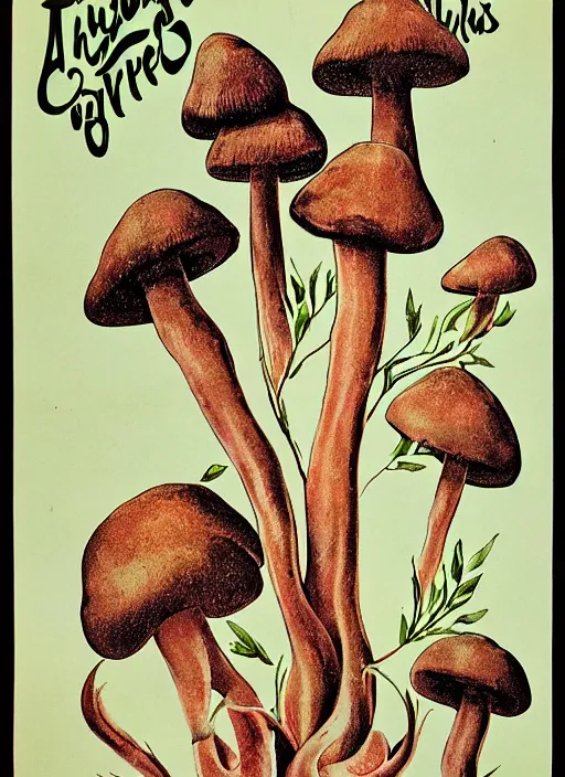 Image similar to a vintage poster of mushrooms