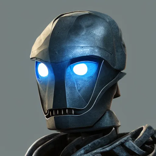 Image similar to award - winning. trending on artstation. 4 k. eerie tone. a warforged figure wearing a hooded cape made of the night sky with 1 dark blue glowing eye on its face. full - body. portrait.