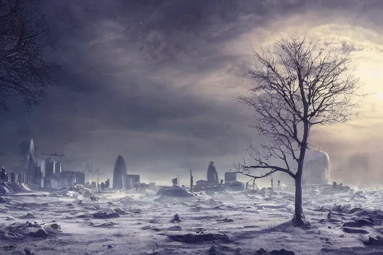 Prompt: nuclear winter, london, near future, fantasy, sci - fi, hyper realistic, serene, morning.