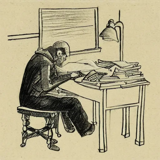 Image similar to a man sitting at a desk typing on the typewriter, old english sketch drawing