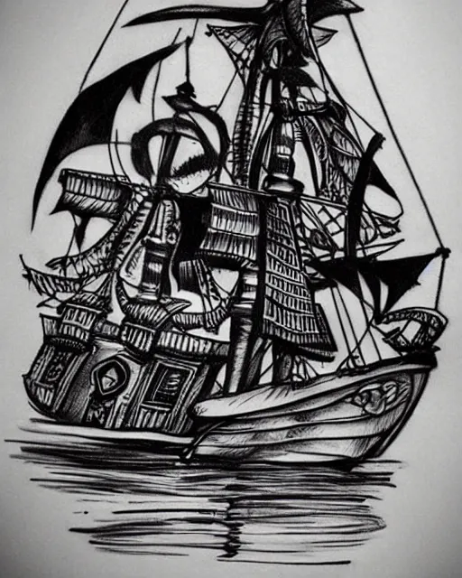 Image similar to A tattoo design sketch of a realistic pirate ship, on paper, black and white, highly detailed, realistic tattoo, trending on pinterest