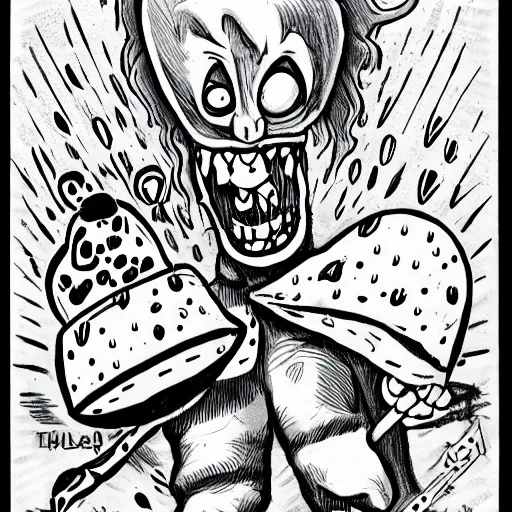 Image similar to a Pop Wonder scary horror themed goofy-hilarious-character-ice-cream-spirit-demon, dime-store-comic drawn with charcoal and pen and ink, half-tone-line-stacking