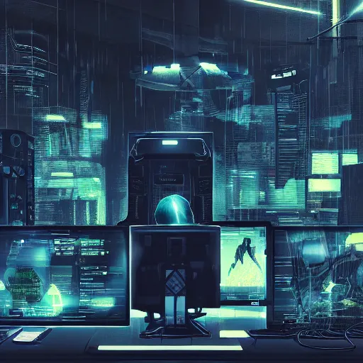 Image similar to man surrounded by computer screens, dark, moody, futuristic, cyberpunk, artstation