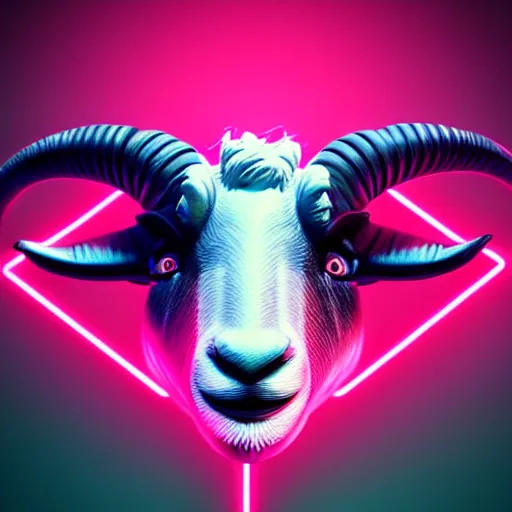 Prompt: synthwave goat face with neon horns, detailed face, sharp focus, synthwave art, aesthetic, octane render, raw, cinematic