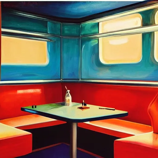 Prompt: the corner booth at a greasy diner on the moon, American midcentury painting, iconic, stunning light