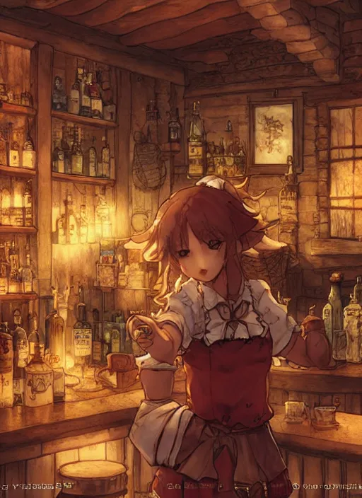 Prompt: anthro coyote barmaid in a cozy tavern, hidari, color page, tankoban, 4K, tone mapping, Akihiko Yoshida.