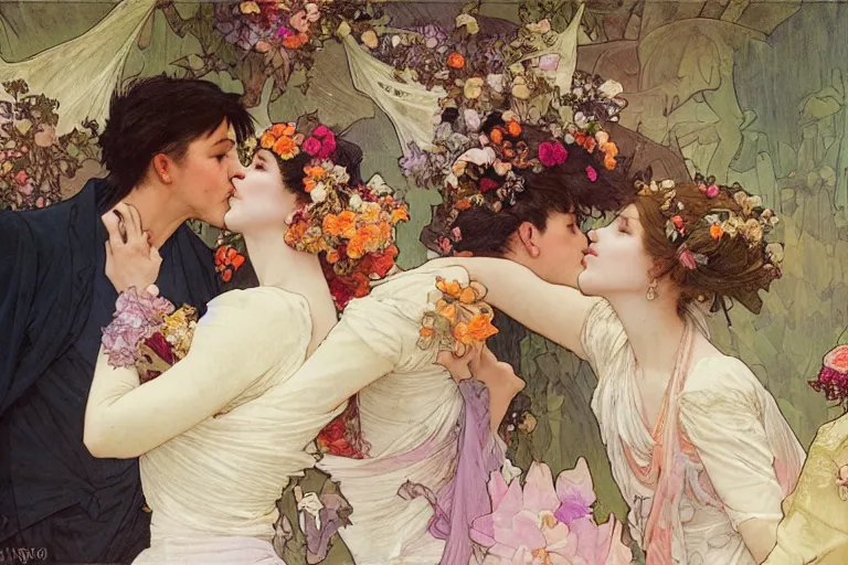 Image similar to the groom kisses the bride at a wedding full of flowers, bright and happy, dreamlike art, highly detail, 4 k realistic, wedding photoy krenz cushart. artem demura. alphonse mucha. yoji shinkawa artgerm. jon lothian. danilo torres. adi meyers. thomas reimann. gaston bussiere.