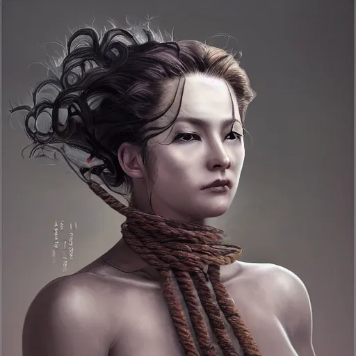 Image similar to portrait of a Shibari rope wrapped face and neck, headshot, insanely nice professional hair style, dramatic hair color, digital painting, of a old 18th century, traveler, amber jewels, baroque, ornate clothing, scifi, realistic, hyperdetailed, chiaroscuro, concept art, art by Franz Hals and Jon Foster and Ayami Kojima and Amano and Karol Bak,