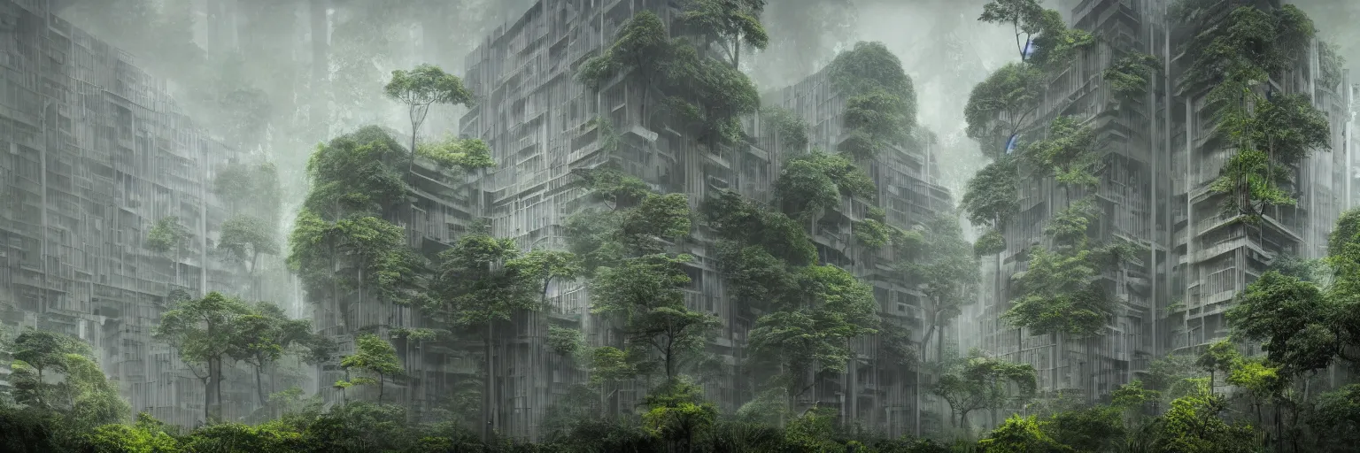 Prompt: brutalist architecture inspired by louis kahn deep in the rainforest. nature is taking over. matte painting. concept art. color scheme dark green and dark yellow. mist. cinematic.