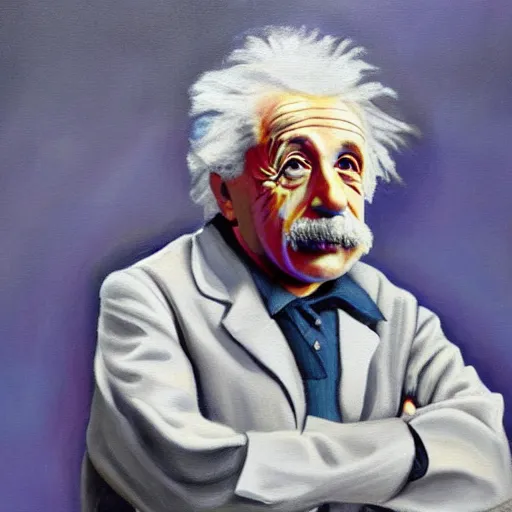 Prompt: einstein wearing a cool hoodie, talking in front of 1 0 0 0 people, detail oil painting