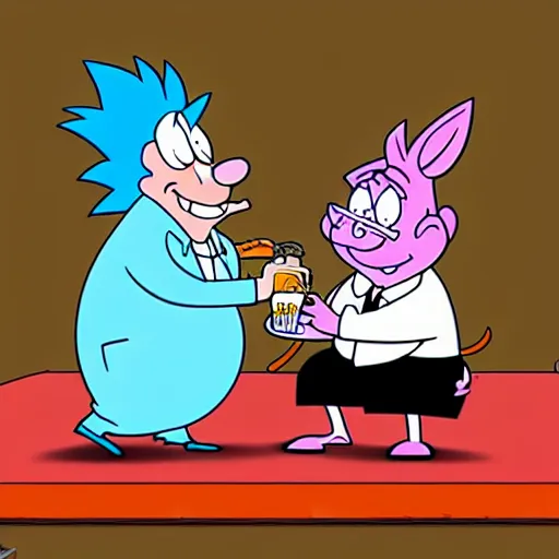 Image similar to rick sanchez and porky pig eating a brisket, cartoon, cell animation, highly detailed