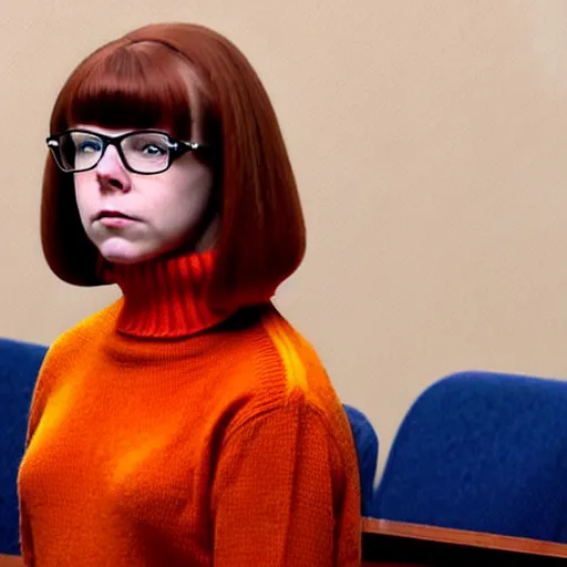 Prompt: Stunning Real Life Beautiful Portrait Scene of Velma Dinkley wearing her iconic orange sweater from Scooby Doo in court for falsely accusing someone of being a criminal by Greg Rutkowski. Velma is a teenage female, with chin-length auburn hair and freckles. She is wearing a baggy, thick turtlenecked orange sweater, with a red skirt, knee length orange socks and black Mary Jane shoes. Soft render, Pixiv, artstation