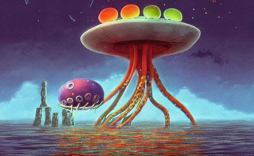 Prompt: a realistic cell - shaded studio ghibli concept art from paprika ( 2 0 0 6 ) of a flying multi - colored octopus from close encounters of the third kind ( 1 9 7 7 ) and dimensional portal to another world above a flooded stonehenge on a misty starry night. very dull colors, wide shot, hd, 4 k, hq