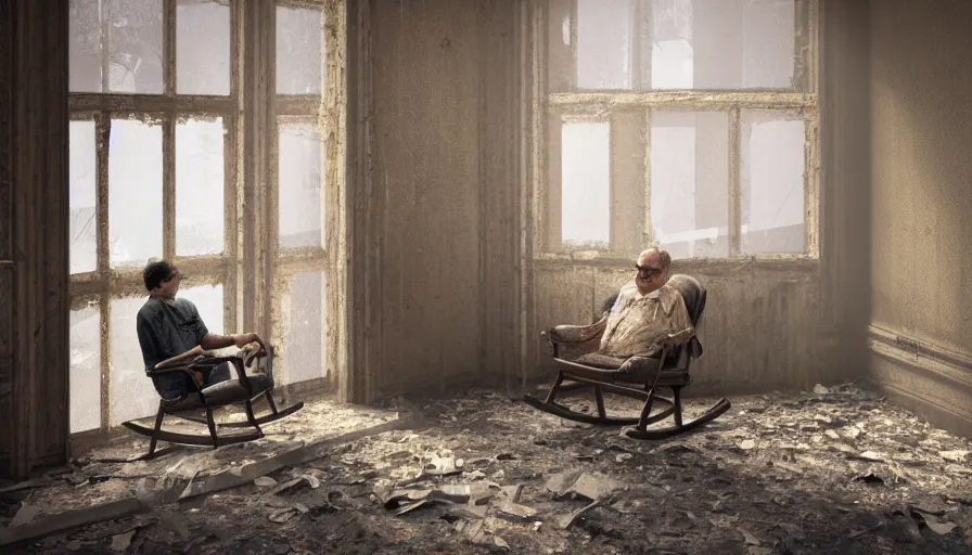 Image similar to old man sitting on a rocking chair in an old 3 0's abandoned rich manor, light through dusty broken windows, old curtains, dusty floor, dirts on the floor, wind, hyperdetailed, artstation, cgsociety, 8 k