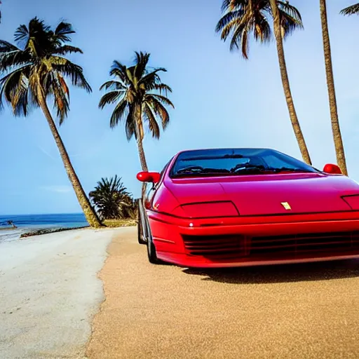 Image similar to Ferrari Testarossa parked on a coast road with a beach and palm trees