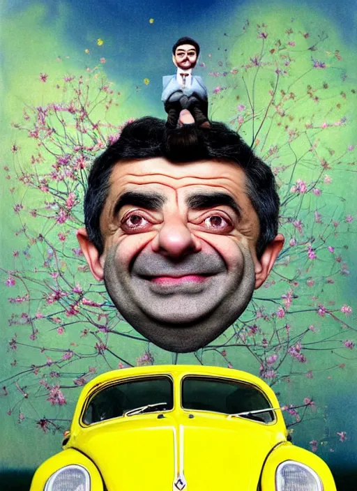 Image similar to hyper detailed 3d render like a Oil painting muted colors - slightly silly portrait of Rowan Atkinson cross eyed as Mr. Bean atop his yellow beetle in Aurora seen tickling of the Strangling network of yellowcake aerochrome and milky Fruit and Her delicate Hands hold of gossamer polyp blossoms bring iridescent fungal flowers whose spores black the foolish stars by Jacek Yerka, Mariusz Lewandowski, Houdini algorithmic generative render, Abstract brush strokes, Masterpiece, Edward Hopper and James Gilleard, Zdzislaw Beksinski, Nicoletta Ceccoli, Wolfgang Lettl, hints of Yayoi Kasuma, octane render, 8k