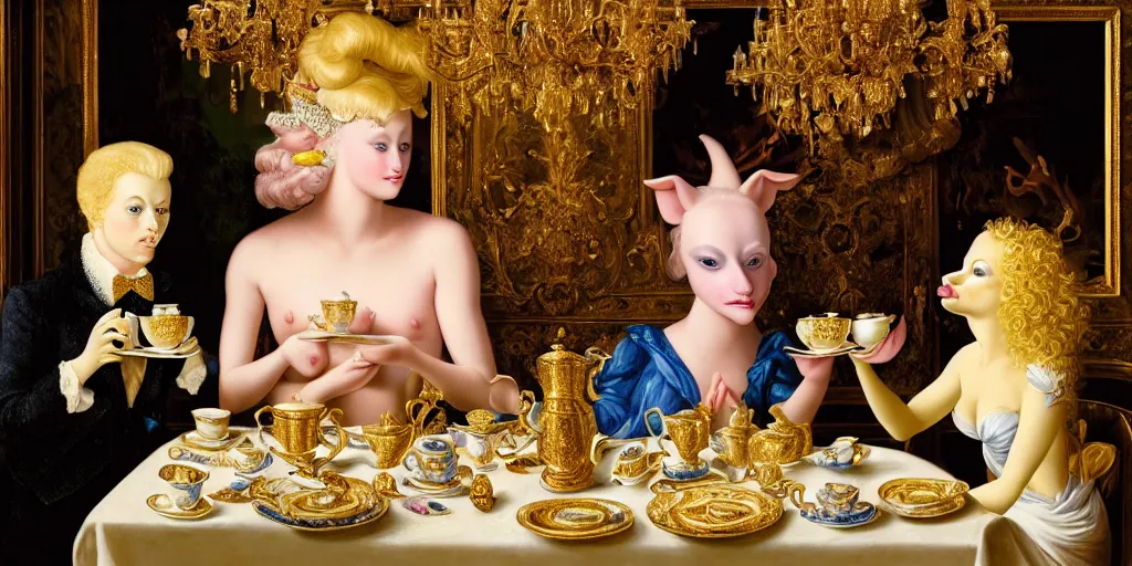 Image similar to a blonde and a mallard and a pig having tea at the ritz, abstract oil painting by gottfried helnwein pablo amaringo raqib shaw zeiss lens sharp focus high contrast chiaroscuro gold complex intricate bejeweled