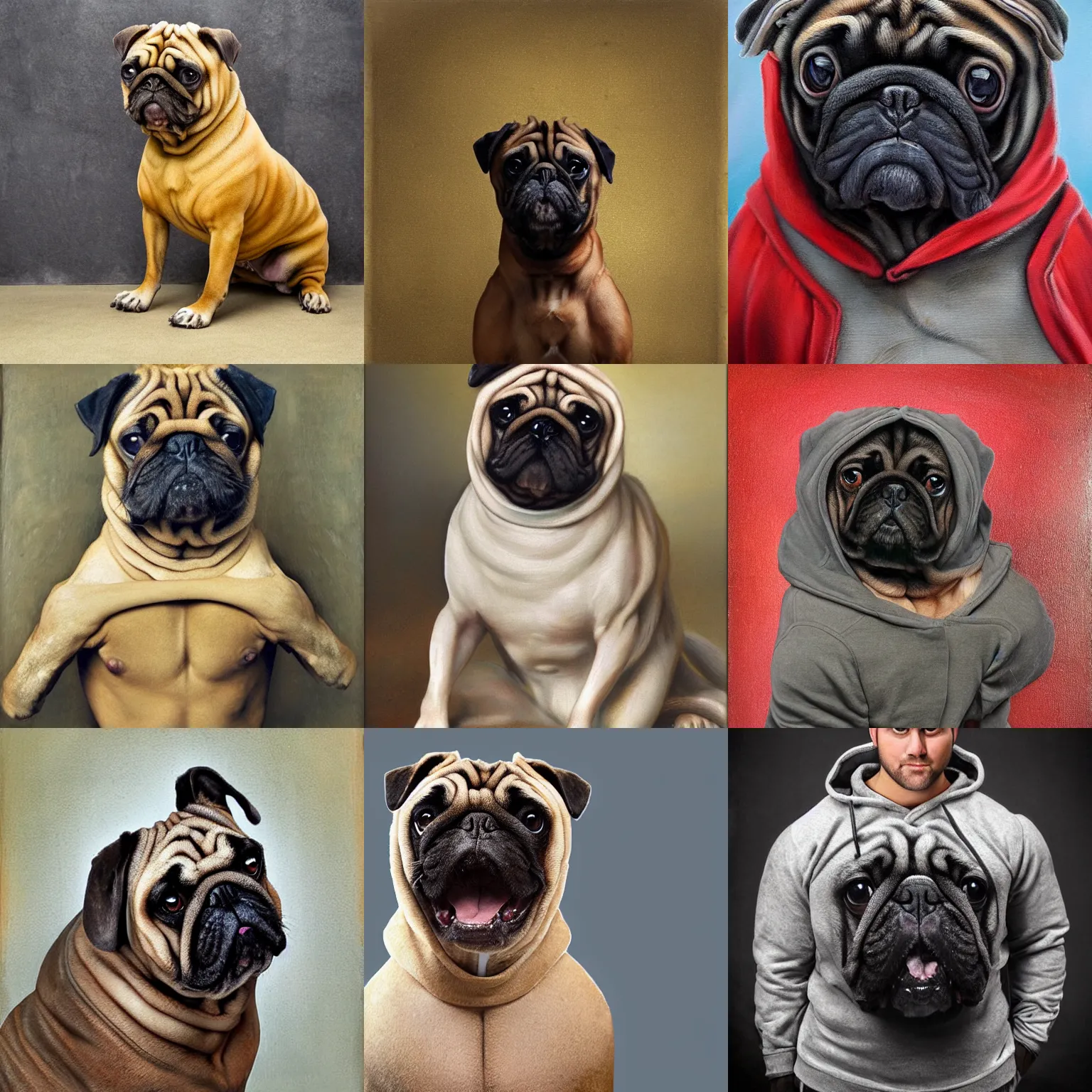 Prompt: muscular oversized dog pug bodybuilder is wearing a hoodie , heavy texture victorian natural oil painting , aggressive pose