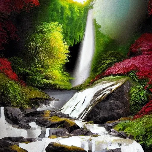 Prompt: A beautiful waterfall landscape painting, digital art