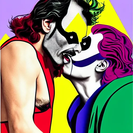 Image similar to richard hamilton and mimmo rottela as lady gaga harley queen and joaquin phoenix joker kissing, pop art, 2 color, left and right align separate, object details, dynamic composition, 4 k, ultra realistic art, smooth, sharp focus, full body portrait, illustration, concept art, intricate details, h 7 6 8