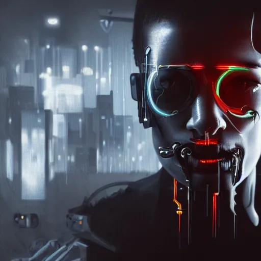 Image similar to a Portrait of a cyborg, cyberpunk, surrounded by smoke, missing skin, by Sam Spratt, by Vlad Rodrig﻿u﻿e﻿z, computer screens in the background, trending on Artstation, dark, dramatic, cinematic, realistic studio lighting, realistic reflections, 4k, professional, canon