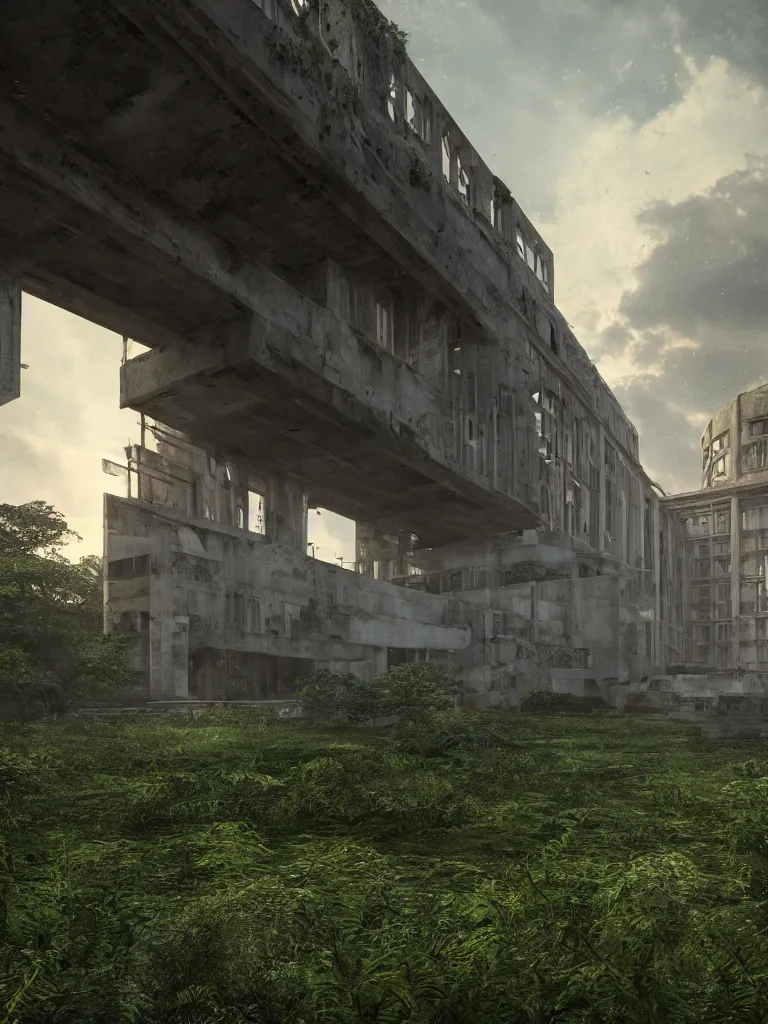 Image similar to a high magnificent abandoned building, surrounded by lush green vegetation, stunning volumetric lighting, sunset, solid concrete, stunning skies, trending on Artstation, 8k, photorealistic, hyper detailed, unreal engine 5, IMAX quality, cinematic, epic lighting, in the style of DOOM and Quake and Le Corbusier and Greg Rutkowski