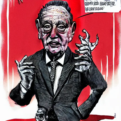 Image similar to George Soros full body shot, dollar bills Body horror, biopunk, by Ralph Steadman, Francis Bacon, Hunter S Thompson