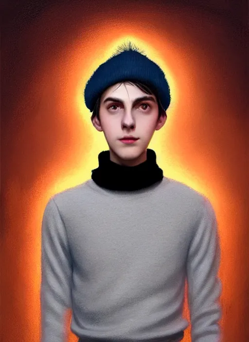 Image similar to portrait of teenage jughead jones wearing a light grey crown, crown, blue turtleneck, closed eyes, photorealistic, black hair, glowing lighting, intricate, elegant, glowing lights, highly detailed, digital painting, artstation, concept art, smooth, sharp focus, illustration, art by wlop, mars ravelo and greg rutkowski