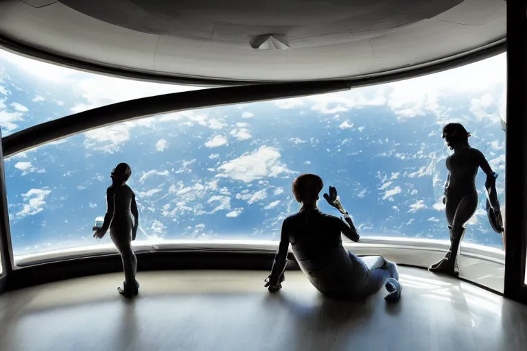 Image similar to sci-fi scene of space tourists in glamourous spaceship bedroom looking out large circular window at earth orbit By Emmanuel Lubezki