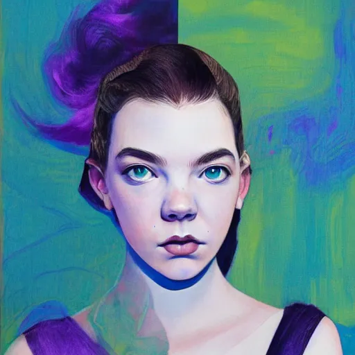 Prompt: anya taylor - joy ethereal look portrait in detail in block colour by james jean,