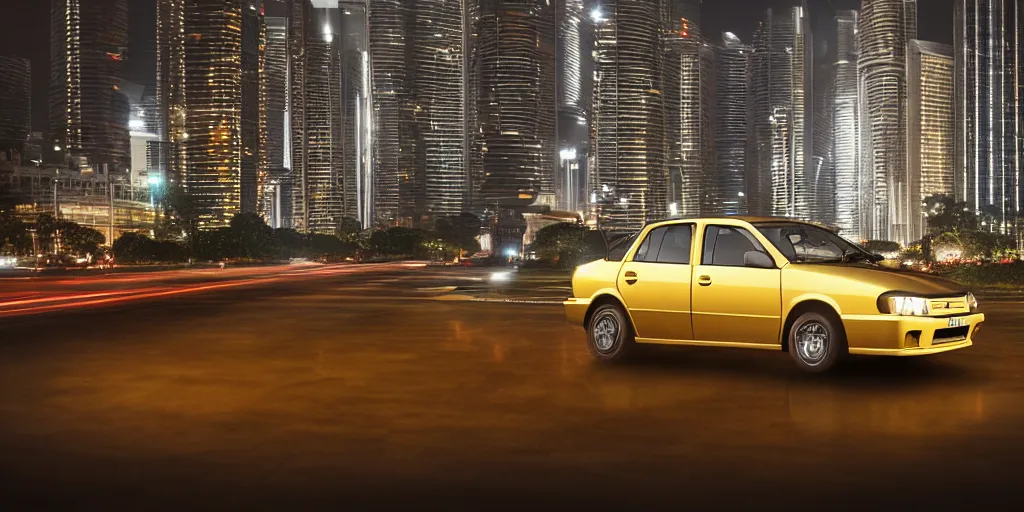 Image similar to proton saga in the middle of a malaysia city at night, gold black color, unreal 5, hyperrealistic, realistic, photorealistic, dynamic lighting, highly detailed, cinematic landscape, studio landscape, studio lighting