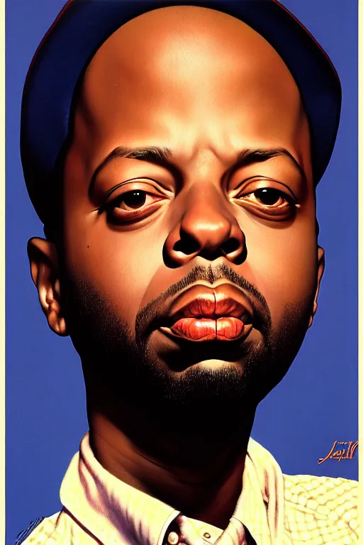 Image similar to j dilla portrait by gil elvgren and norman rockwell and rob gonsalves and hajime sorayama, hyperrealistic, high detail, ultra detailed, highly detailed face, ruffled fabric