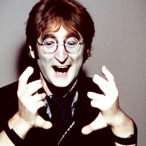Prompt: john lennon smiling maniacally, eyes wide open looking at the camera, sus