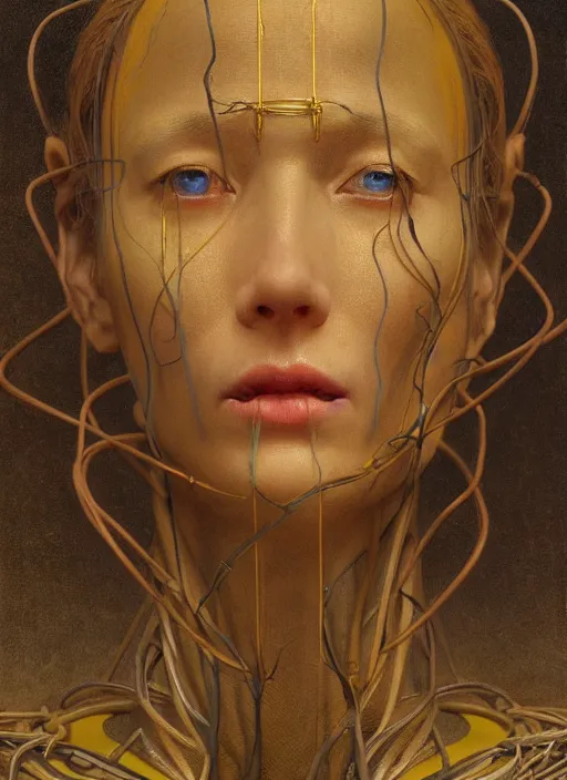 Image similar to Woman masterpiece, beautiful eyes, yellow, golden halo behind her head, red wires wrap around, by Edgar Maxence and Ross Tran, Zdzisław Beksiński, and Michael Whelan, distant, gustav dore, H.R. Giger, 8k, octane render