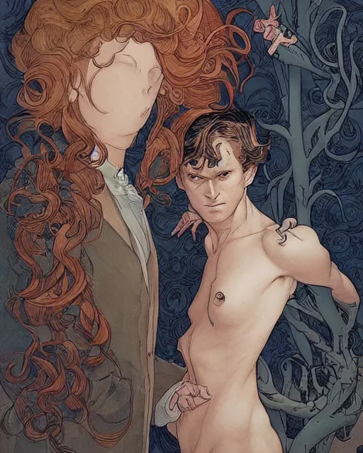 Prompt: a handsome man and a beautiful woman back to back artwork by james jean, Phil noto and rebecca guay