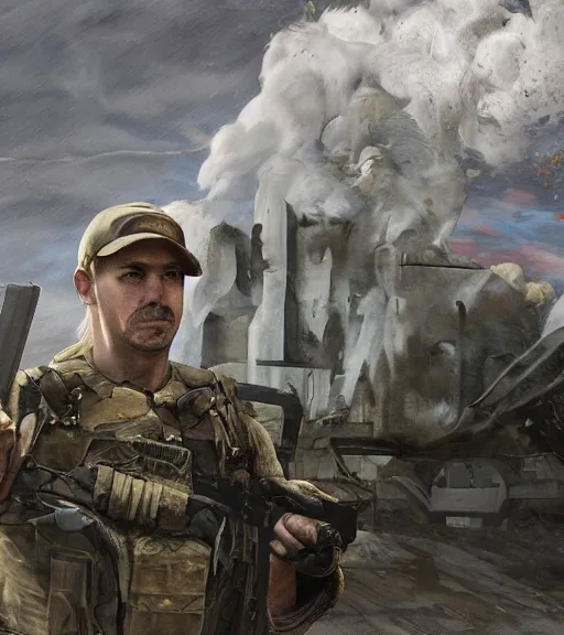 Prompt: portrait of muscular, tired and alcoholic 3 4 - year - old grieving man with short darkblonde hair, serious sad look in his eyes, looking down, dirty beard, blue eyes, crying tears, wearing dirty soldier uniform, on the desert, sad atmosphere, hyper realistic face, character art, art by mark brooks, cryengine, trending on artstation, digital art