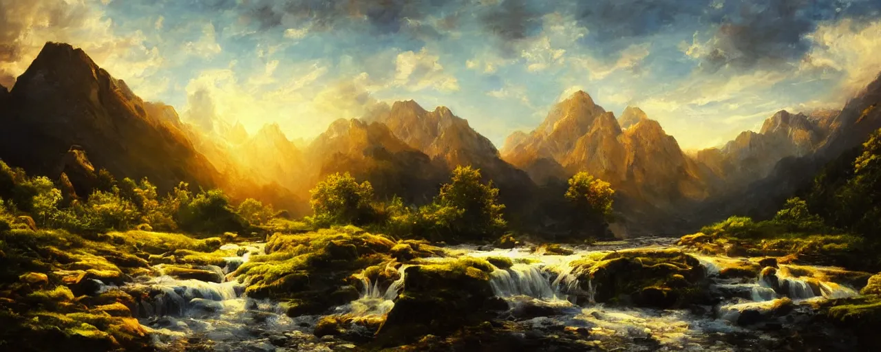 Prompt: a serene landscape with mountains and waterfall, oil painting, light brush strokes, cinematic light, sunset, intricate details, dynamic