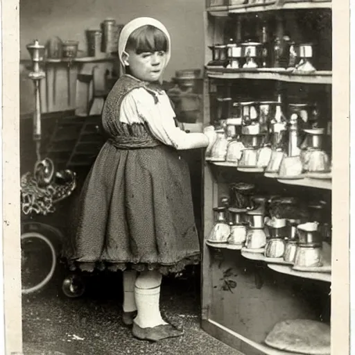 Image similar to victorian child standing in a dill maker's shop