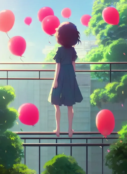 Image similar to girl stand on the a balcony where plants and flowers all around, she is watching a lot of balloons flying over, illustration concept art anime key visual trending pixiv fanbox by wlop and greg rutkowski and makoto shinkai and studio ghibli