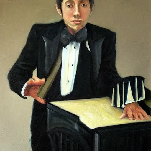 Prompt: a realistic painting of a magician pianist,