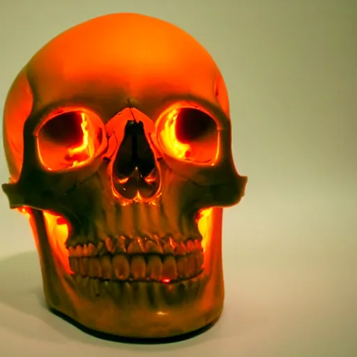 Image similar to real human skull with robotic circular orange light electronic eyes in eye sockets