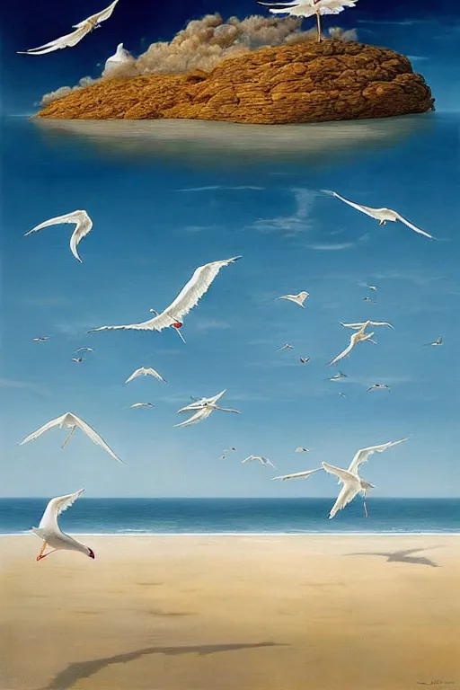 Prompt: surreal landscape, surrealism, beach, seagulls, esao andrews, victor enrich, dali