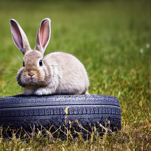 Prompt: a cute bunny sitting on a tire, studio photo, high quality