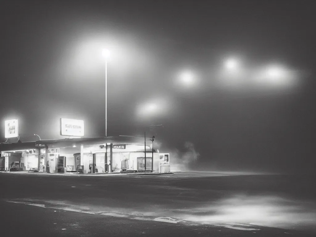 Image similar to “35mm film photography of gas station , fog, night, mood, atmospheric, full colour, digital photography, finished in Lightroom”